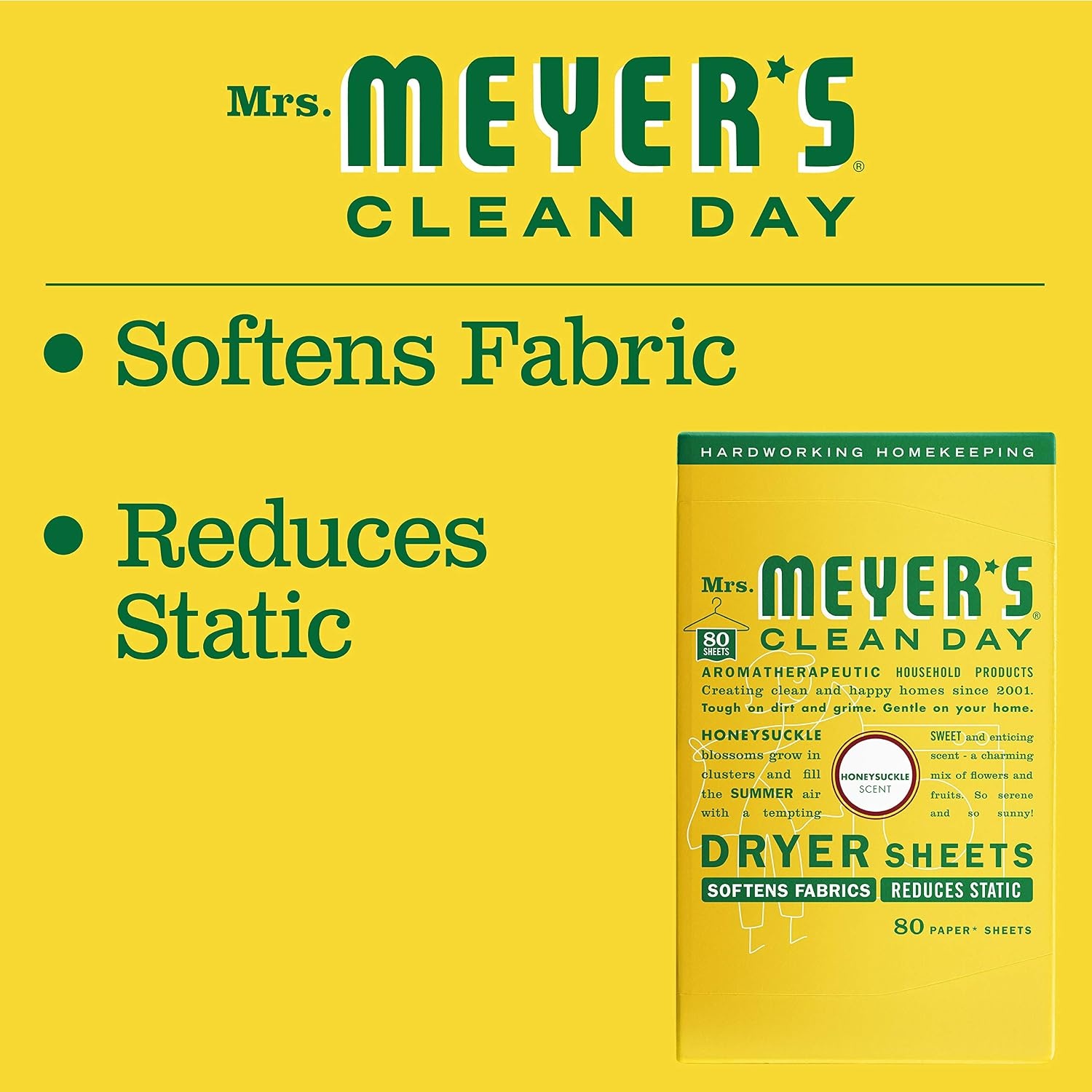 image:imageMRS MEYERS CLEAN DAY Dryer Sheets Fabric Softener Honeysuckle 80 CountHoneysuckle