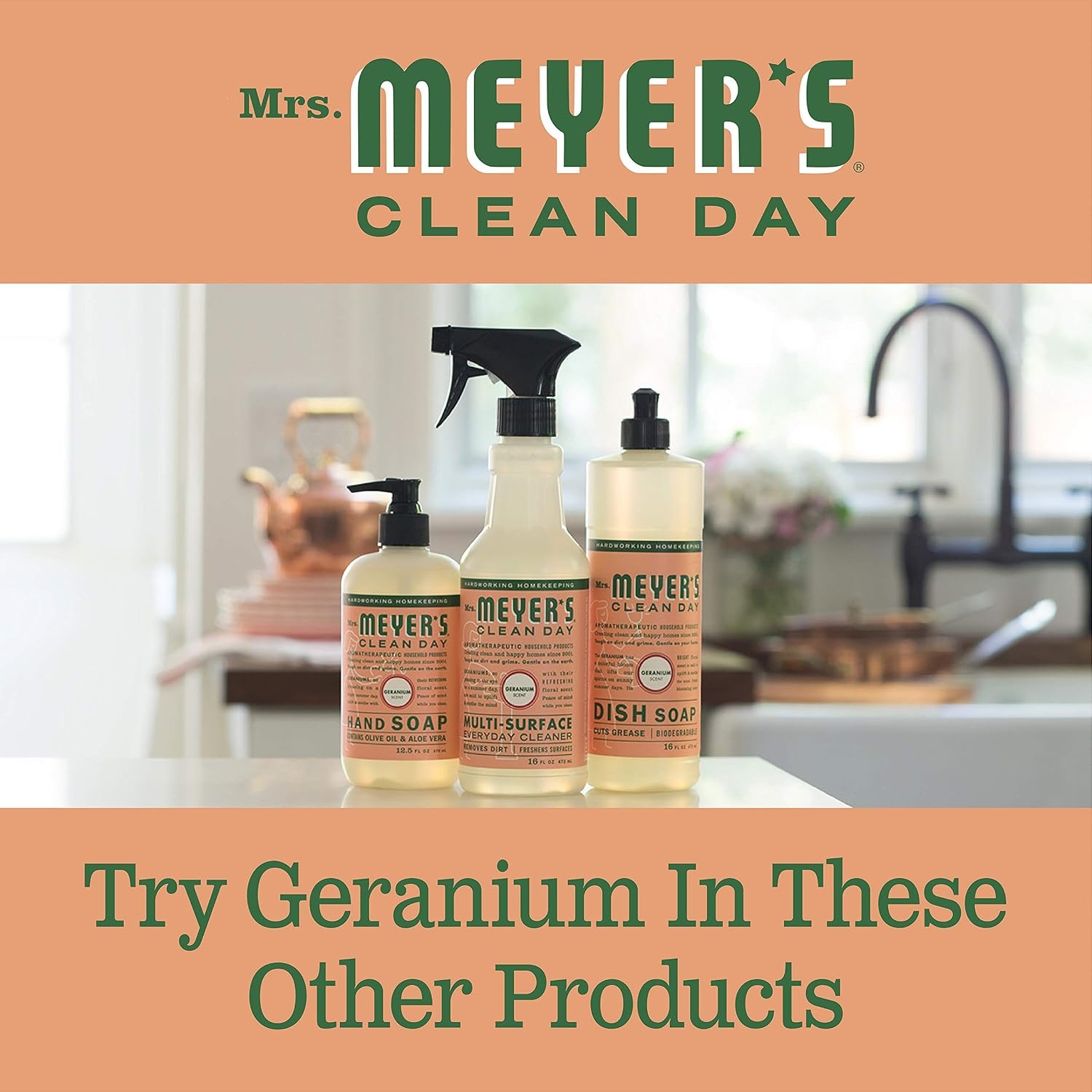image:imageMRS MEYERS CLEAN DAY Kitchen Basics Set Basil Scent Cleaning Supplies includes Hand Soap 125 Fl Oz Dish Soap 16 Fl Oz and MultiSurface Cleaner 16 Fl OzGeranium