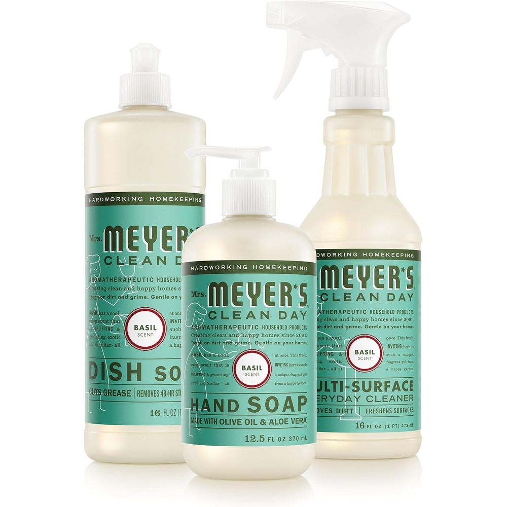 image:imageMRS MEYERS CLEAN DAY Kitchen Basics Set Basil Scent Cleaning Supplies includes Hand Soap 125 Fl Oz Dish Soap 16 Fl Oz and MultiSurface Cleaner 16 Fl OzBasil