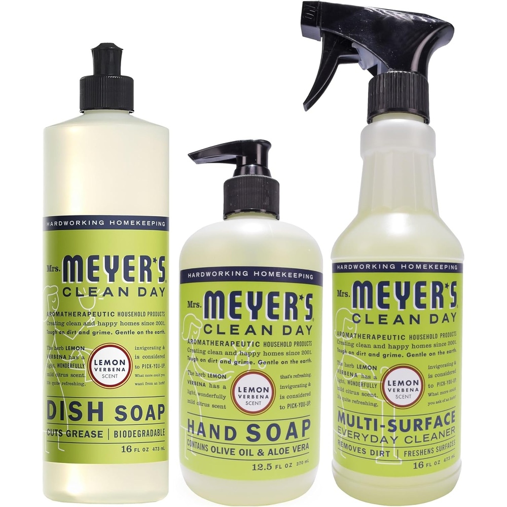 image:imageMRS MEYERS CLEAN DAY Kitchen Basics Set Basil Scent Cleaning Supplies includes Hand Soap 125 Fl Oz Dish Soap 16 Fl Oz and MultiSurface Cleaner 16 Fl OzLemon Verbena